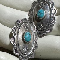 Navajo sterling silver and turquoise vintage earrings, Concho style southwestern native American clip on earrings, artist unknown