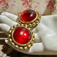 EMANUEL UNGARO vintage 1980s clip earrings, runway statement earrings, shiny red gold glam dynasty