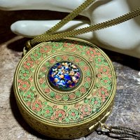 1920s vintage powder dance compact, Antique chatelaine flapper enamel mirrored wrist compact