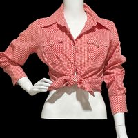 JC PENNEY'S vintage 1970s Red White Gingham western shirt , western apparel, Women's Cotton blend, pearl snaps,