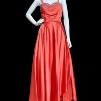 JULIUS GARFINCKEL & CO, 1940s vintage evening gown, Coppery Coral Shiny Silky Liquid Satin Beaded Evening Dress, 34 bust