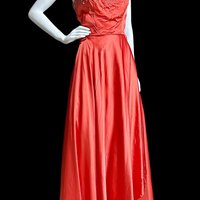 JULIUS GARFINCKEL & CO, 1940s vintage evening gown, Coppery Coral Shiny Silky Liquid Satin Beaded Evening Dress, 34 bust