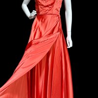 JULIUS GARFINCKEL & CO, 1940s vintage evening gown, Coppery Coral Shiny Silky Liquid Satin Beaded Evening Dress, 34 bust