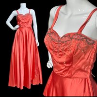 JULIUS GARFINCKEL & CO, 1940s vintage evening gown, Coppery Coral Shiny Silky Liquid Satin Beaded Evening Dress, 34 bust