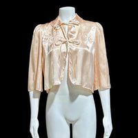 1940s vintage bed night jacket, Shiny pale pink satin with cut work and embroidery evening jacket