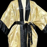 HAYASHI Kimono dressing gown robe, vintage Reversible Gold Black Shiny Silk Satin 