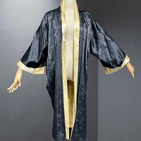 HAYASHI Kimono dressing gown robe, vintage Reversible Gold Black Shiny Silk Satin 