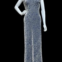 CARMEN MARC VALVO vintage evening dress, silk burnout sheath slip dress, drape neck, wide shoulders and backless, 36 bust