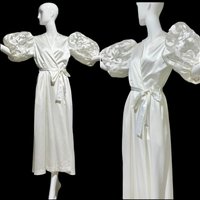 GEORGETTE TRABOLSI, vintage dressing gown robe, White bridal peignoir lingerie, cutout puffed sleeves, wrap front