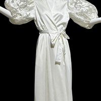 GEORGETTE TRABOLSI, vintage dressing gown robe, White bridal peignoir lingerie, cutout puffed sleeves, wrap front