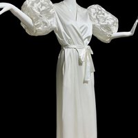 GEORGETTE TRABOLSI, vintage dressing gown robe, White bridal peignoir lingerie, cutout puffed sleeves, wrap front