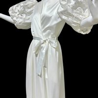 GEORGETTE TRABOLSI, vintage dressing gown robe, White bridal peignoir lingerie, cutout puffed sleeves, wrap front