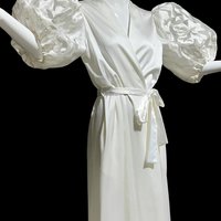 GEORGETTE TRABOLSI, vintage dressing gown robe, White bridal peignoir lingerie, cutout puffed sleeves, wrap front