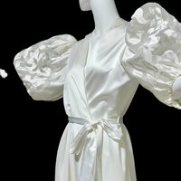 GEORGETTE TRABOLSI, vintage dressing gown robe, White bridal peignoir lingerie, cutout puffed sleeves, wrap front