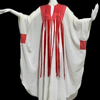 1970s Vintage caftan dress, Sheer breezy white gauzy fabric with streaming red ribbons