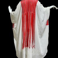 1970s Vintage caftan dress, Sheer breezy white gauzy fabric with streaming red ribbons