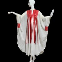 1970s Vintage caftan dress, Sheer breezy white gauzy fabric with streaming red ribbons, party hostess dress kaftan, one size