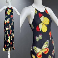 CACHE vintage 1990s Butterfly dress, Bias cut butterfly print sheath slip dress, bodycon maxi dress