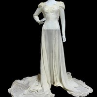 1940s vintage wedding dress, sheer white long sleeve sheath slip gown with train