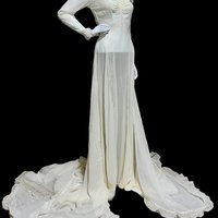 1940s vintage wedding dress, sheer white long sleeve sheath slip gown with train