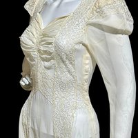 1940s vintage wedding dress, sheer white long sleeve sheath slip gown with train