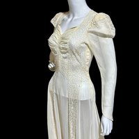 1940s vintage wedding dress, sheer white long sleeve sheath slip gown with train