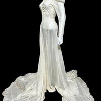 1940s vintage wedding dress, sheer white long sleeve sheath slip gown with train