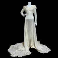 1940s vintage wedding dress, sheer white long sleeve sheath slip gown with train