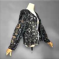 1980s vintage evening jacket, sheer black sequin cocktail party coat, long sleeves hook front, Dynasty Glam, 40 bust