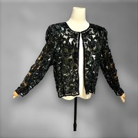 1980s vintage evening jacket, sheer black sequin cocktail party coat, long sleeves hook front, Dynasty Glam, 40 bust