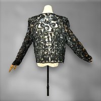 1980s vintage evening jacket, sheer black sequin cocktail party coat, long sleeves hook front, Dynasty Glam, 40 bust