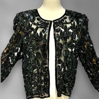 1980s vintage evening jacket, sheer black sequin cocktail party coat, long sleeves hook front, Dynasty Glam, 40 bust