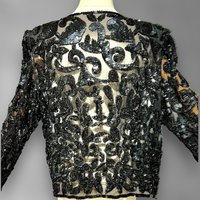 1980s vintage evening jacket, sheer black sequin cocktail party coat, long sleeves hook front, Dynasty Glam, 40 bust