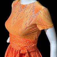 SARMI New York, Vintage Maxi dress, Op Art slinky knit party dress, Orange yellow purple border print gown