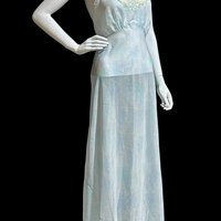 SAAB from I.MAGNIN vintage 1940s nightgown, palest blue floral sheer full length slip dress, Old Hollywood sheer watercolor gown