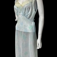 SAAB from I.MAGNIN vintage 1940s nightgown, palest blue floral sheer full length slip dress, Old Hollywood sheer watercolor gown