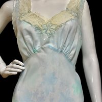 SAAB from I.MAGNIN vintage 1940s nightgown, palest blue floral sheer full length slip dress, Old Hollywood sheer watercolor gown