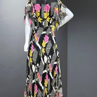 PURPLE PUSSYCAT 1970s vintage maxi dress, sheer black and pink silk rose print maxi dress, flutter sleeves, 34 bust