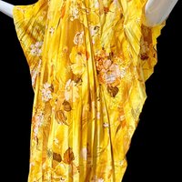 1970s Vintage caftan kaftan dress, Sunny golden yellow accordion pleated floral party hostess gown, one size