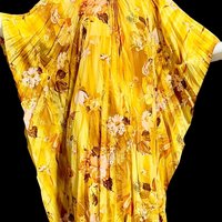 1970s Vintage caftan kaftan dress, Sunny golden yellow accordion pleated floral party hostess gown, one size