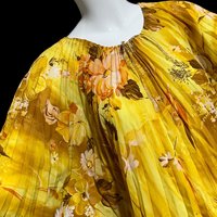 1970s Vintage caftan kaftan dress, Sunny golden yellow accordion pleated floral party hostess gown, one size