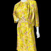 FRANKLIN SHOPS, vintage 1960s dress set, Custom Made 2pc Yellow floral Dinner Ensemble