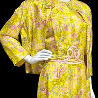 FRANKLIN SHOPS, vintage 1960s dress set, Custom Made 2pc Yellow floral Dinner Ensemble