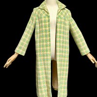 1960s vintage mod duster coat, Open front walking coat, green yellow herringbone tweed, 36 bust