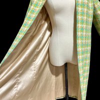 1960s vintage mod duster coat, Open front walking coat, green yellow herringbone tweed, 36 bust