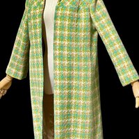 1960s vintage mod duster coat, Open front walking coat, green yellow herringbone tweed, 36 bust