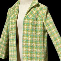 1960s vintage mod duster coat, Open front walking coat, green yellow herringbone tweed, 36 bust