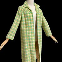 1960s vintage mod duster coat, Open front walking coat, green yellow herringbone tweed, 36 bust