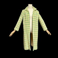 1960s vintage mod duster coat, Open front walking coat, green yellow herringbone tweed, 36 bust