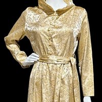 FLOBERT 1940s vintage dressing gown, shiny gold metallic damask button front housecoat hostess dress, 36 bust